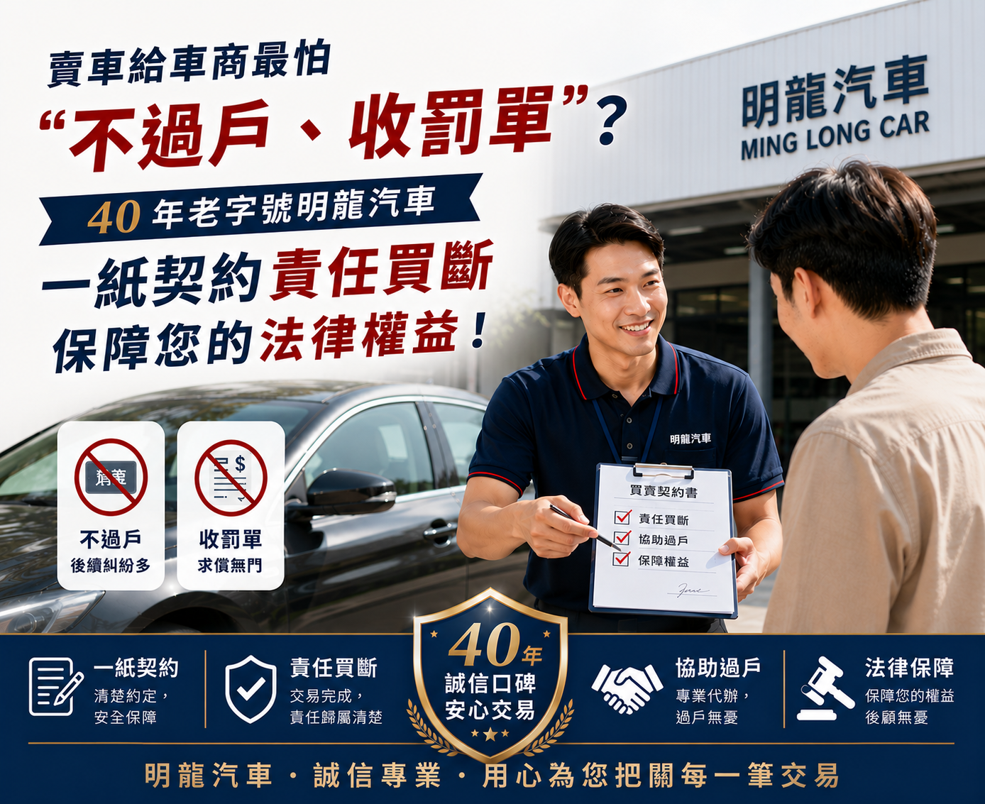 賣車給車商最怕「不過戶、收罰單」？40 年老字號明龍汽車：一紙契約責任買斷，保障您的法律權益！